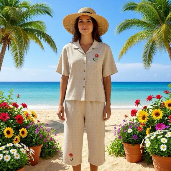 Haband For Her Other - HABAND 2Piece Travel Lounge Set Top Pullon Capri LP Vintage Ivory Olive Striped